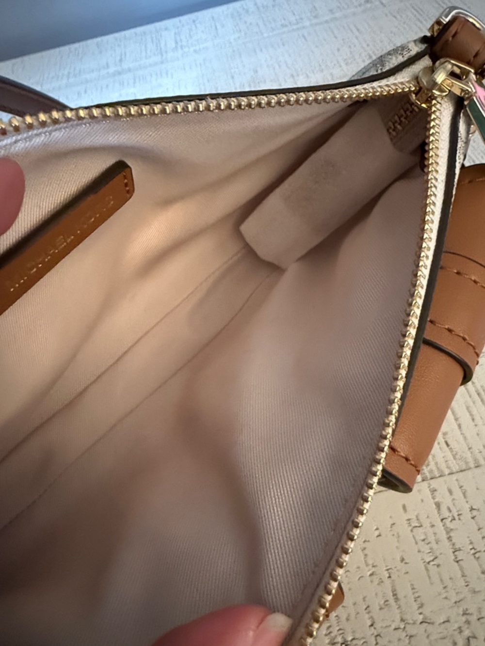 NWOT Michael Kors Beige MK Logo with Brown Leather Dual Pocket Shoulder Bag - Picture 3 of 4